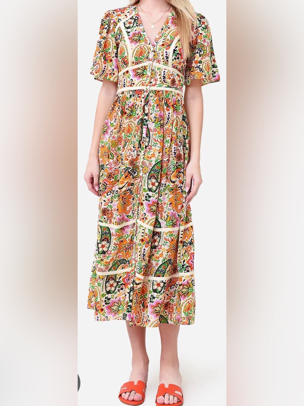ba&sh Benja Multicolor Paisley FloralMidi Dress with Green, Pink, Orange Accents